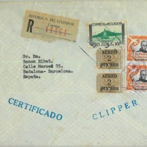 95527 -  ECUADOR - POSTAL HISTORY - REGISTERED COVER to Spain 1950's BIRDS Dove