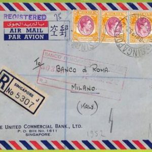 39911 - Malaya SINGAPORE - Postal History - REGISTERED Airmail COVER to ITALY