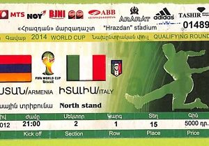 C1762- Vecchio BIGLIETTO PARTITA CALCIO 2014 ARMENIA VS ITALIA