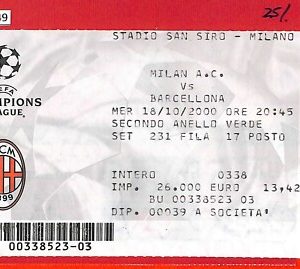 C1249 - Vecchio  BIGLIETTO PARTITA CALCIO - 2000/01  MILAN AC vs BARCELONA