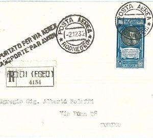 71502 - EGEO Rodi - Storia Postale - Sass. PA 21 su BUSTA RACCOMANDATA Leonardo