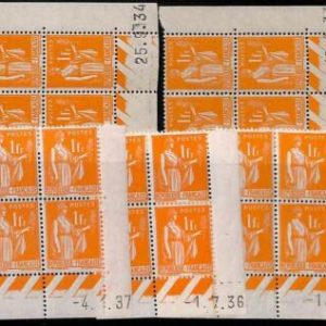 94847 - FRANCE - STAMPS -  Yvert # 286  lot of 5*  block of 4 coin datee 1934/37