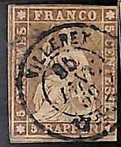 95013bA - SWITZERLAND  - STAMP - Zumstein # 22D Black  Thread - Very Fine USED