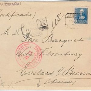 46308  - España -  SOBRE CERTIFICADO a SUIZA Switzerland 1938 - CENSURA
