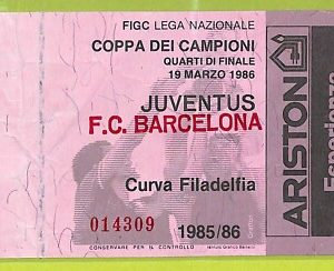 C2571- Vecchio BIGLIETTO PARTITA CALCIO 1985-1986 JUVENTUS VS FC BARCELONA