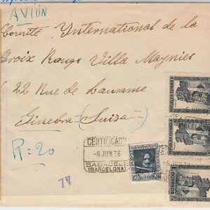 46287  -España - HISTORIA POSTAL:   CARTA CERTIFICADA  de SABADELL a SUIZA  1938
