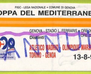 C2630- BIGLIETTO CALCIO 1990 ATLETICO MADRID OLIMPIQUE MARSIGLIA TORINO GENOA