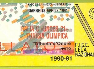 C2631- Vecchio BIGLIETTO PARTITA CALCIO 1990-1991 ITALIA VS TUNISIA OLIMPICA