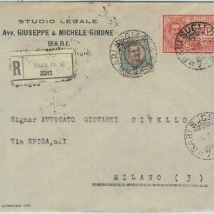 80448 -  REGNO - STORIA POSTALE - BUSTA RACCOMANDATA da BARI (N. 4) 1924