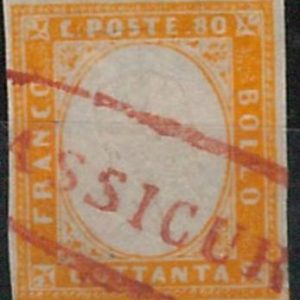 56866  - ANTICHI STATI: Sardegna -  Sassone 12 con annullo ASSICURATA in ROSSO