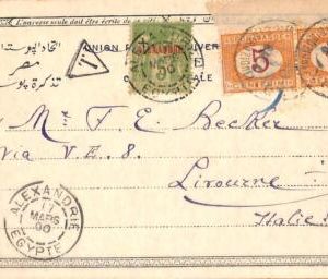 aa0175 - Alexandrie  EGYPT - POSTAL HISTORY - POSTCARD to ITALY -  TAXED!  1900