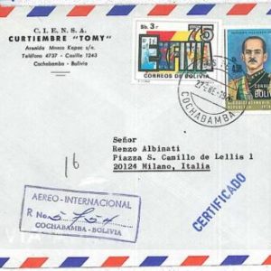 27350-BOLIVIA-POSTAL HISTORY-CERTIFIED AIRMAIL COVER to ITALY 1976-BUTTERFLIES
