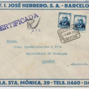 41661 - SPAIN - Postal History - REGISTERED COVER to SWITZERLAND 1934