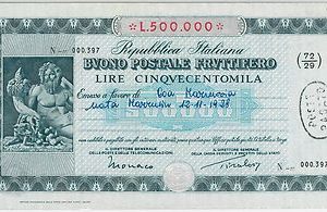 ITALIA REGNO - BUONO POSTALE FRUTTIFERO 500,000 Lire!
