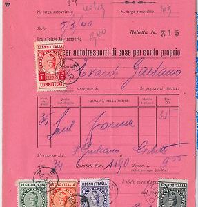 ITALIA REGNO - FISCALI: Tasse PER TRASPORTI bellissimo PENTACOLORE su BOLLA 1940