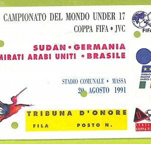 C2643 Vecchio BIGLIETTO PARTITA CALCIO 1991 SUDAN GERMANIA EMIRATI ARABI BRASILE