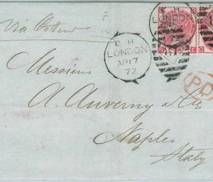 66790 - GB - Postal History - SG # 103/7 *2 on COVER to ITALY 1872 - SCISSOR CUT