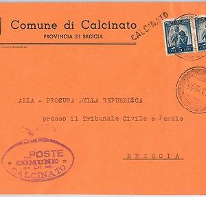 REPUBBLICA - Storia Postale: ANNULLO MUTO EMERGENZA su BUSTA da  CALCINATO 1950
