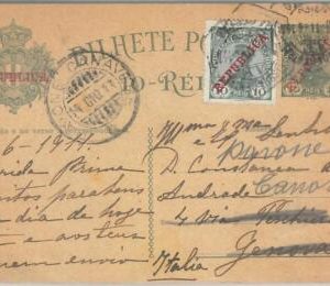 75390 - PORTUGAL - POSTAL HISTORY -  POSTAL STATIONERY  CARD  to ITALY  -- 1911