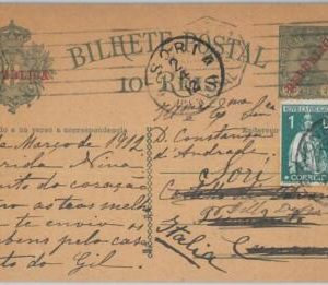 75395 - PORTUGAL - POSTAL HISTORY - STATIONERY  CARD  to ITALY  -- 1912 - NICE!