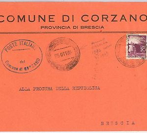 REPUBBLICA - Storia Postale: ANNULLO MUTO EMERGENZA su BUSTA da  CORZANO 1949
