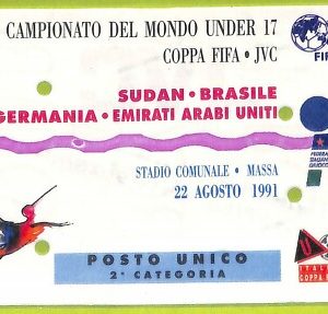 C2690 Vecchio BIGLIETTO PARTITA CALCIO 1991 SUDAN BRASILE GERMANIA EMIRATI ARABI