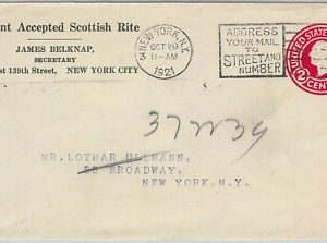 61705 - USA - POSTAL HISTORY: Private print STATIONERY COVER 1921: MASONIC