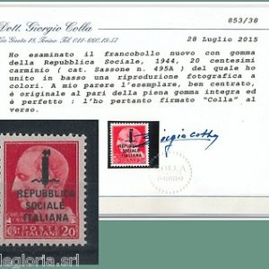 55534 - RSI - Varietà: Sassone 495A errore colore soprastampa CERTIFICATO: COLLA