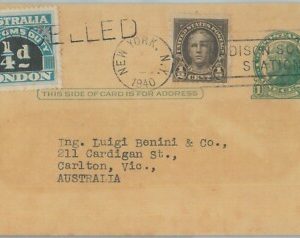 81749 - USA - POSTAL HISTORY - STATIONERY CARD to AUTRALIA with REVENUE stamp