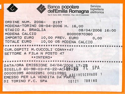 C0681 - Vecchio BIGLIETTO PARTITA CALCIO - MODENA VS TORINO