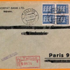 99140 - ESTONIA Estland - POSTAL HISTORY - REGISTERED COVER to FRANCE  1934