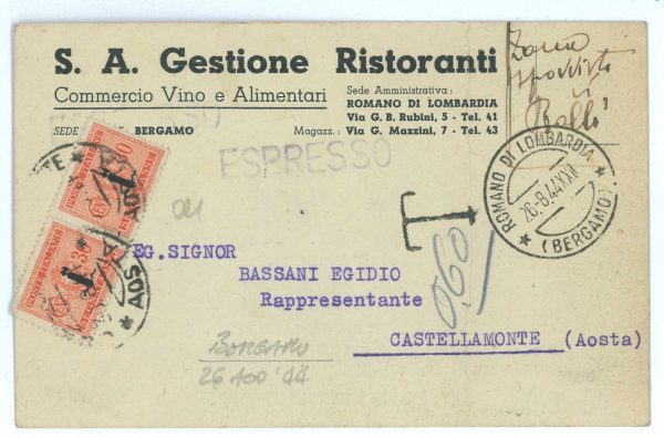 P2449 - ITALIA RSI , 26.8.1944 , CARTOLINA COMMERCIALE SPEDITA SENZA FRANCOBOLLI