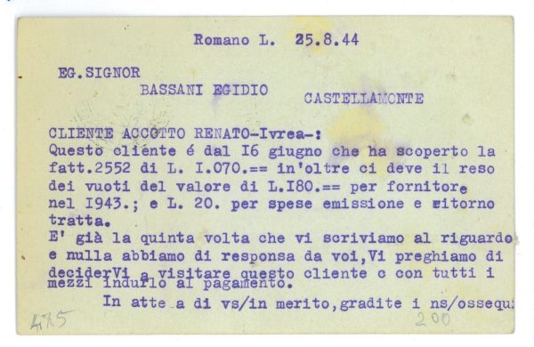 P2449 - ITALIA RSI , 26.8.1944 , CARTOLINA COMMERCIALE SPEDITA SENZA FRANCOBOLLI - immagine 2