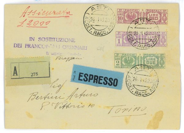 P2446 - ITALIA RSI , 26.11.1943, AFFRANCATURA DI EMMERGENZA IN PERFETTA TARIFFA.
