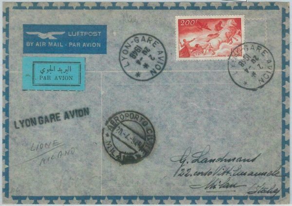 BK0029 - FRANCE- Postal History - FIRST FLIGHT: Lyon - Milano Pell # 117AA 1948