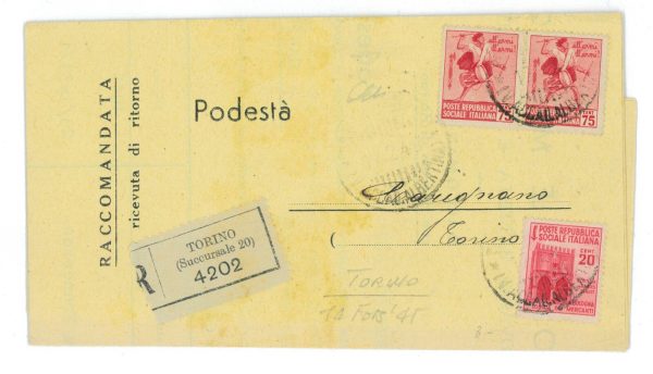 P2428 - ITALIA RSI , 17.2.1945 , SASS 499 X 2 FILIGRANA CAPOVOLTO, RACCOMANDATA