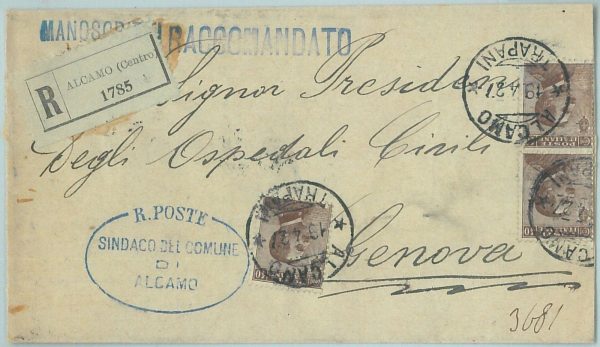 68579 - ITALIA REGNO - STORIA POSTALE: BUSTA Raccomandata da ALCAMO Trapani 1927