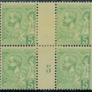 P3277 - MONACO 1901 , 5 CT. IN BLOCK OF FOUR WITH GUTTER PAIR NUMBER 5 MINT