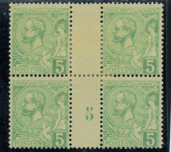 P3277 - MONACO 1901 , 5 CT. IN BLOCK OF FOUR WITH GUTTER PAIR NUMBER 5 MINT