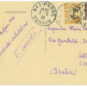 P2789 - FRENCH INDOCHINE POST CARD FROM HAIPONG TO LODI, 1936