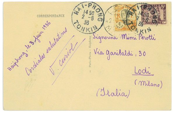 P2789 - FRENCH INDOCHINE POST CARD FROM HAIPONG TO LODI, 1936