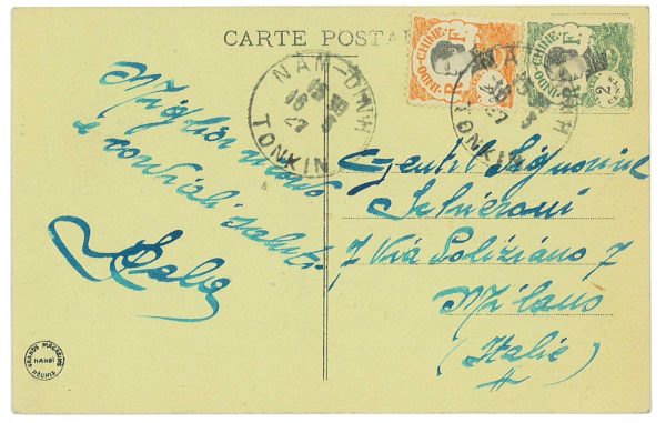 P2790 - FRENCH INDOCHINE UNUSUAL CANCELLATION NAM-DINH (TONKIN) 1927 TO MILANO
