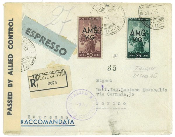 P2646 - ITALIA AMGVG , ESPRESSO RACCOMANDATA PER TORINO, CON L. 75.- 31.7.46