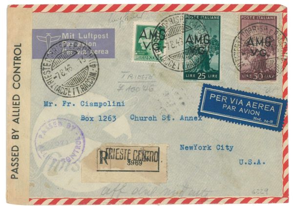 P2647 - ITALIA AMGVG , RACCOMANDATA , VIA AEREA PER N.Y. - 7.8.46 CENSURATA.