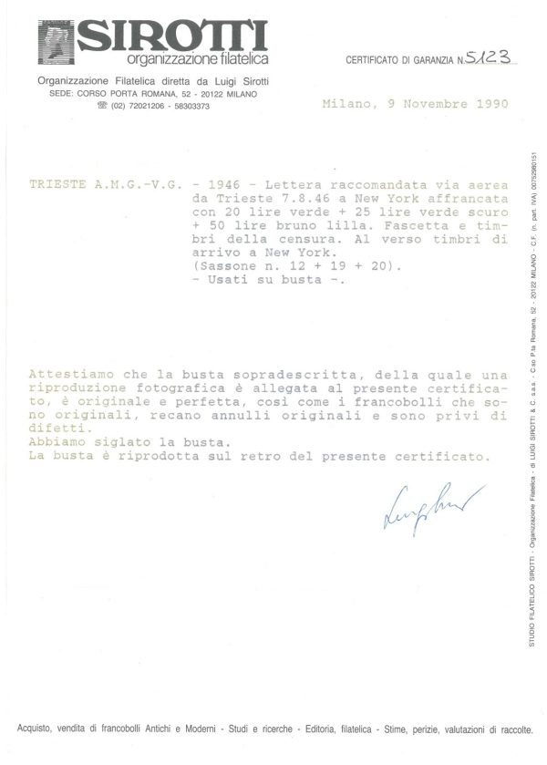 P2647 - ITALIA AMGVG , RACCOMANDATA , VIA AEREA PER N.Y. - 7.8.46 CENSURATA. - immagine 3