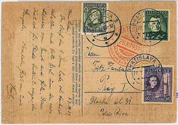 29650 - SLOVAKIA - POSTAL HISTORY: Postcard with interesting POSTMARK 1939
