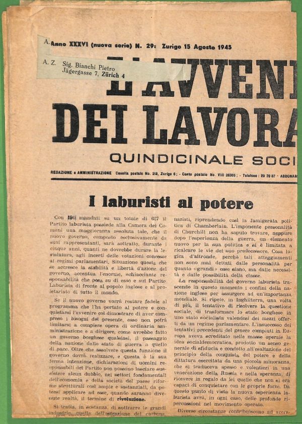 ZA1771 - GIORNALE D'epoca SVIZZERA - 1945 L'Avvenire dei LAVORATORI Zurich