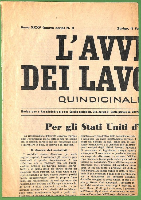 ZA1772 - GIORNALE D'epoca SVIZZERA - 1944  L'Avvenire dei LAVORATORI Zurich