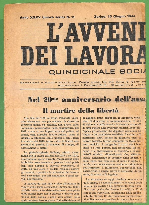 ZA1773 - GIORNALE D'epoca SVIZZERA - 1944  L'Avvenire dei LAVORATORI Zurich