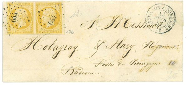 P2863 - FRANCE YVERT 13 A B JAUNE CITRON IN PAIR 1857, ON FOLDED LETTER.
